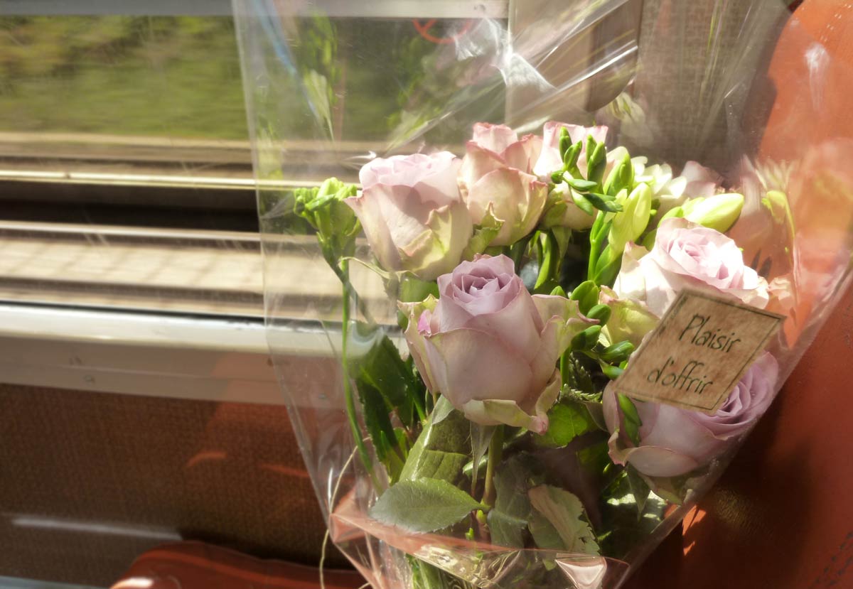 バラの花束を持ってパリ発の電車に乗る